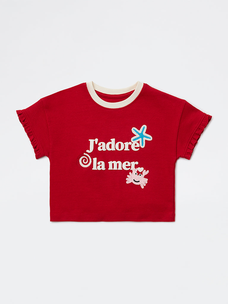 HOP Kids Girls Red Text Printed Cotton T-Shirt