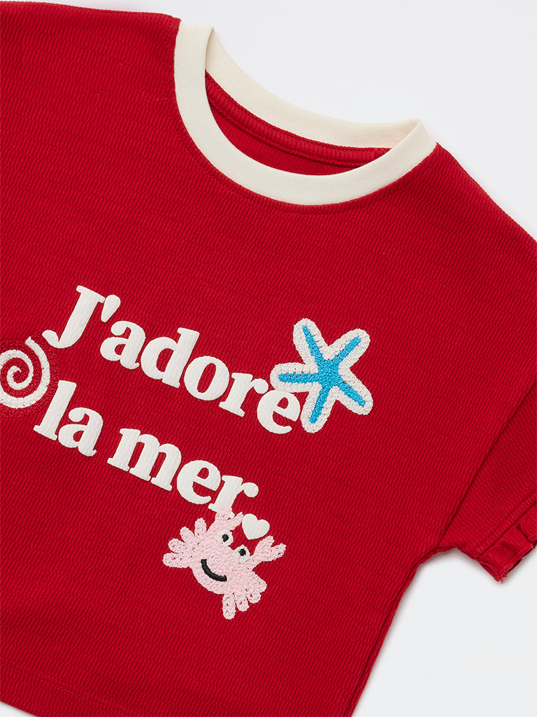 HOP Kids Girls Red Text Printed Cotton T-Shirt