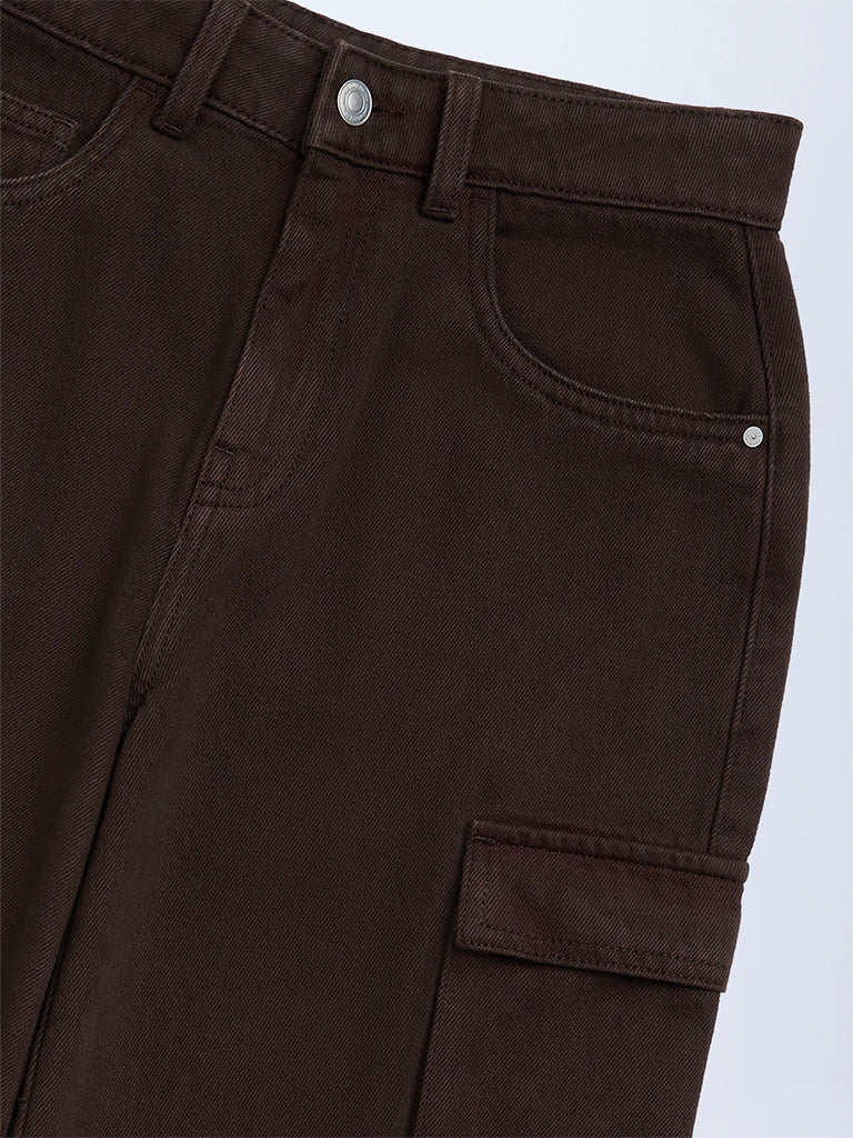 Boys Dark Brown Mid-Rise Cargo Jeans