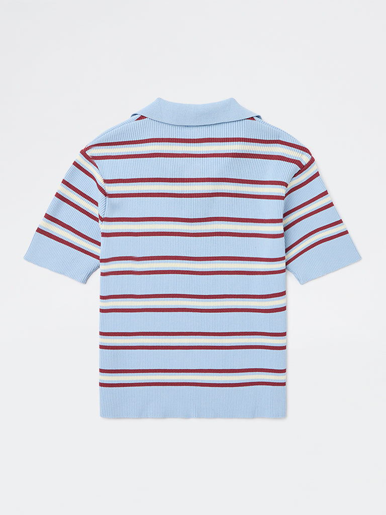 Girls Blue Striped Textured T-Shirt