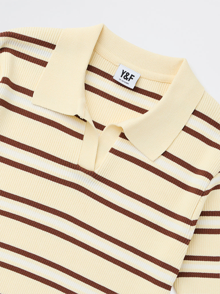Girls Light Yellow Striped Textured T-Shirt