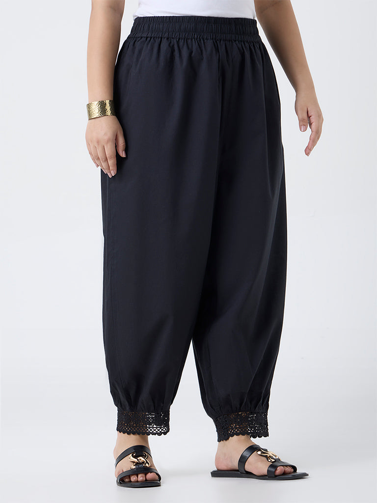 Diza Black Schiffli Detailed Harem Pants