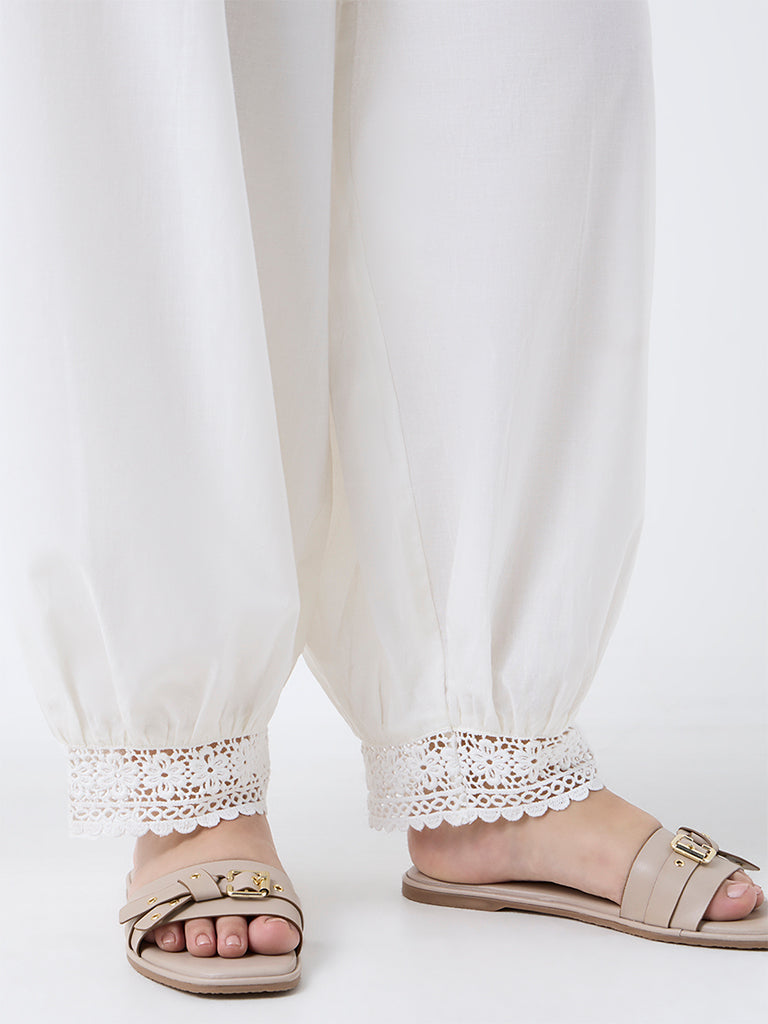Diza White Schiffli Detailed Harem Pants