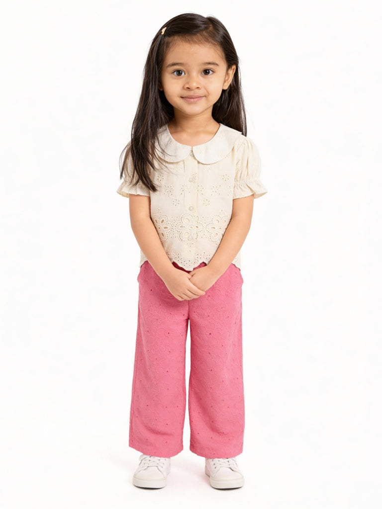 Utsa Kids Girls Pink Floral Embroidered Cotton Pants - (2-8 yrs)