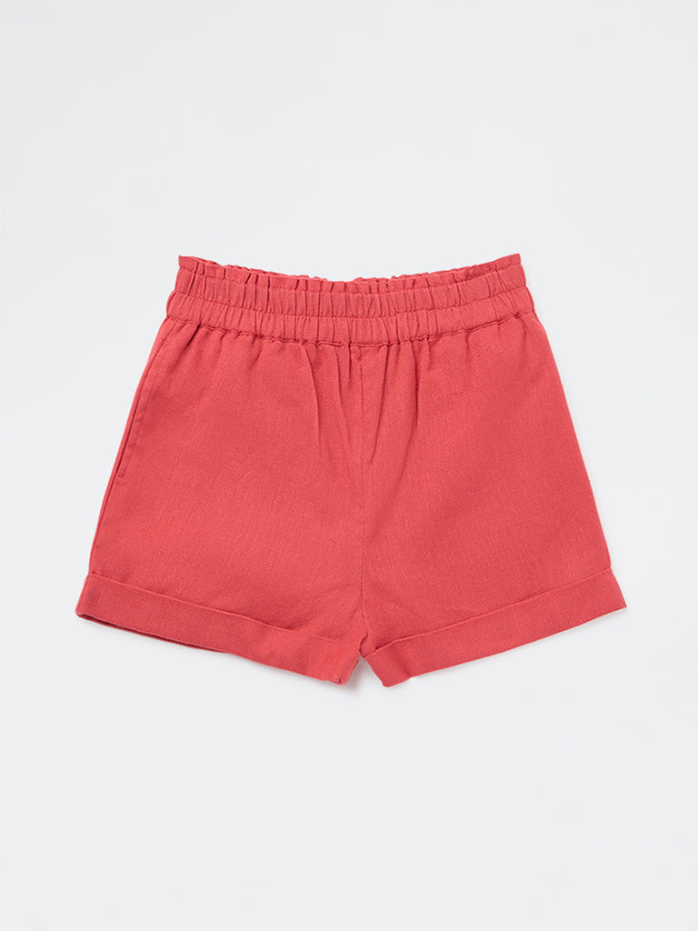 Utsa Kids Girls Red Solid High-Rise Cotton-Blend Shorts - (2-8 yrs)