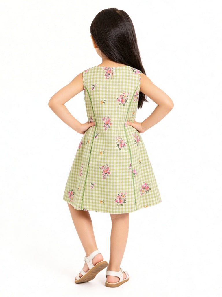 Utsa Kids Girls Green Checkered A-Line Cotton-Blend Dress - (2-8 yrs)