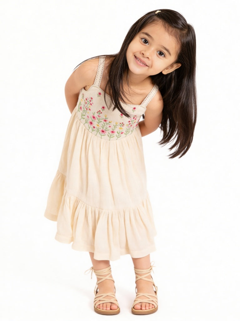 Utsa Kids Girls Light Peach Floral Embroidered A-Line Dress - (2-8 yrs)