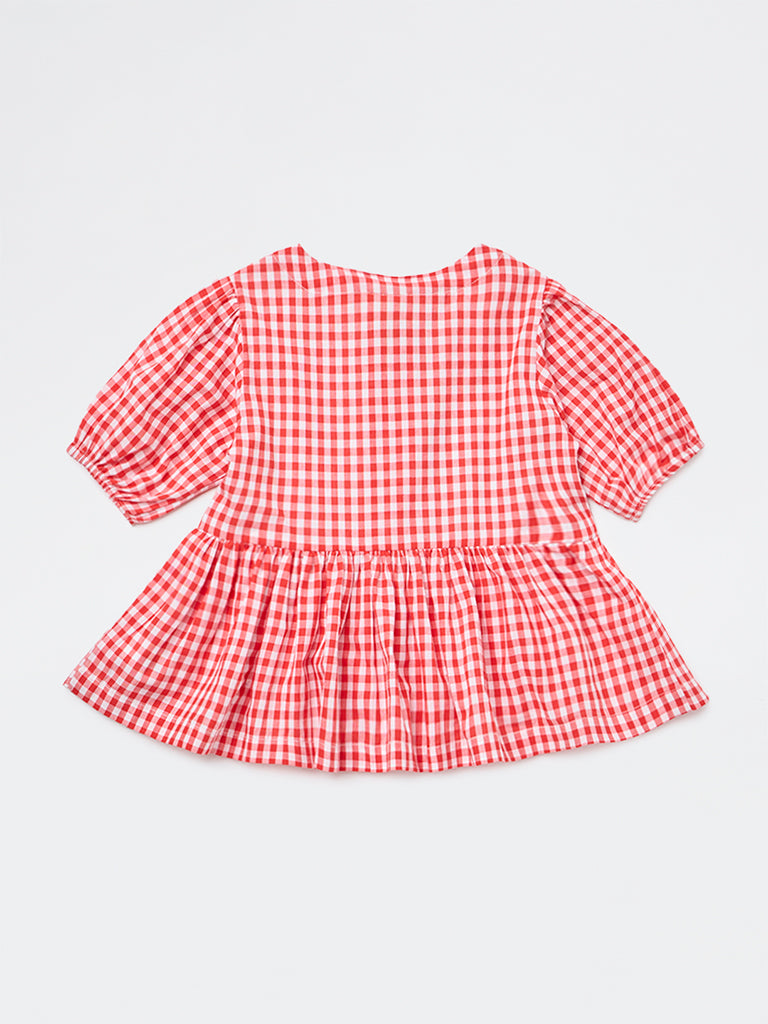 Utsa Kids Girls Red Gingham Check Cotton Peplum Top - (2-8 yrs)