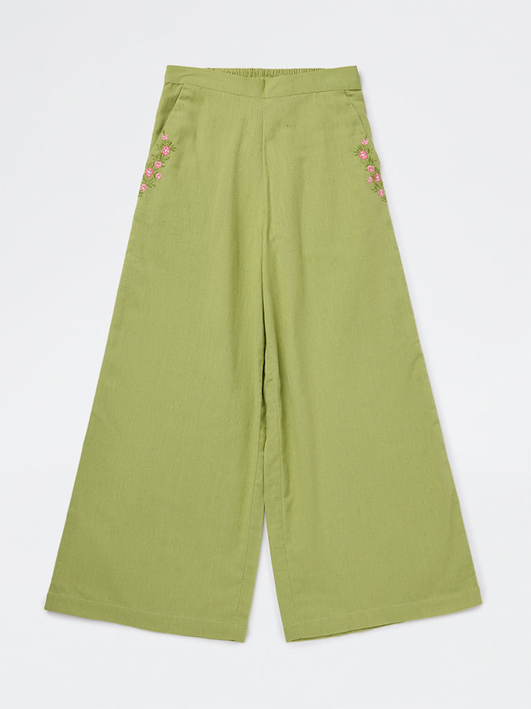 Utsa Kids Girls Green Floral Embroidered Cotton Ethnic Pants - (8-14 yrs)