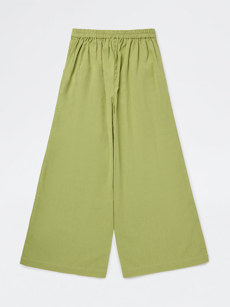 Utsa Kids Girls Green Floral Embroidered Cotton Ethnic Pants - (8-14 yrs)