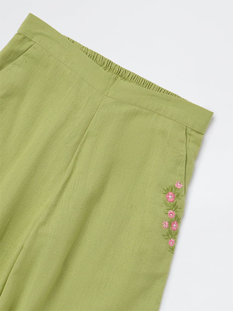 Utsa Kids Girls Green Floral Embroidered Cotton Ethnic Pants - (8-14 yrs)