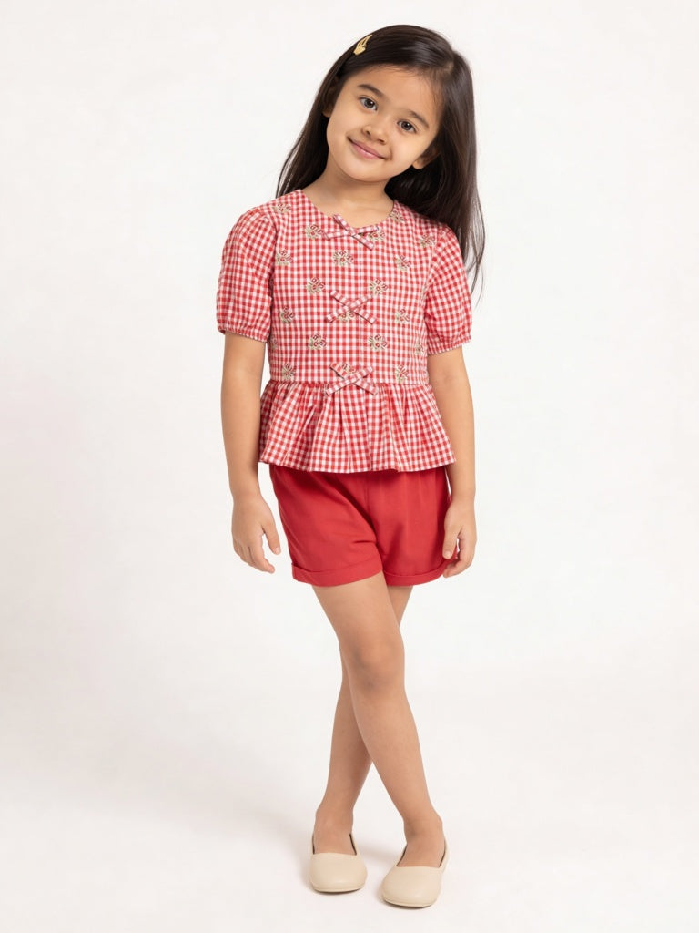 Utsa Kids Girls Red Gingham Check Cotton Peplum Top - (2-8 yrs)