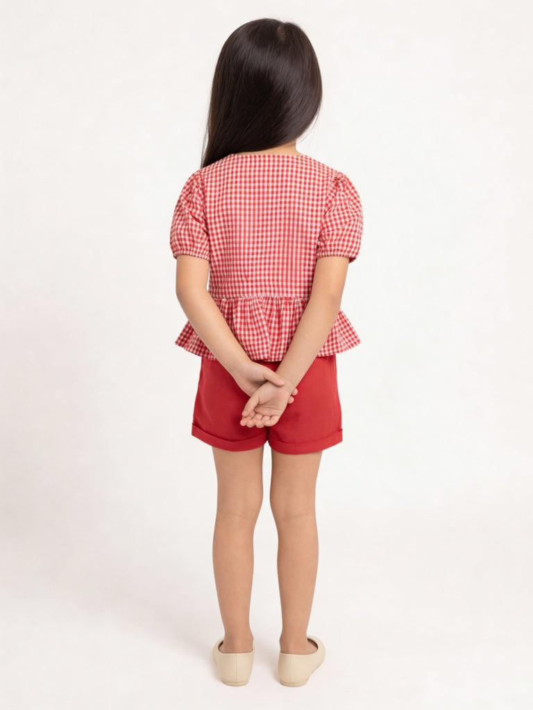 Utsa Kids Girls Red Gingham Check Cotton Peplum Top - (2-8 yrs)