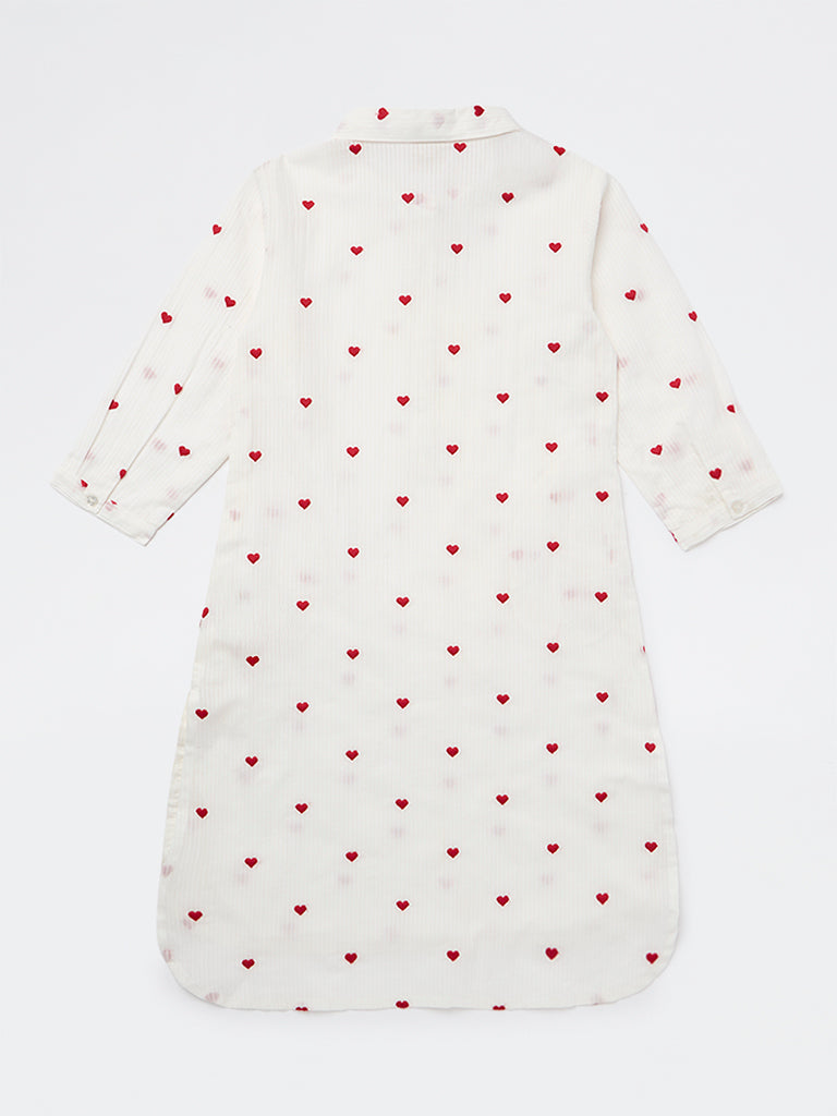 Utsa Kids Girls White Heart Embroidered Cotton Tunic - (8-14 yrs)