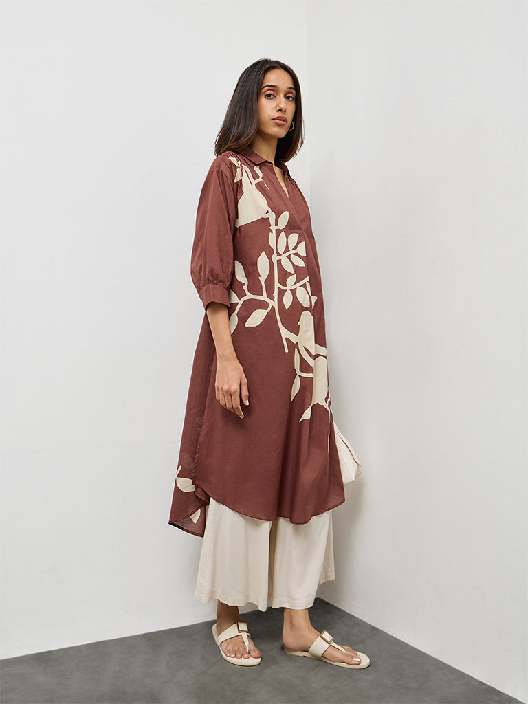 Utsa Dark Brown Foliage Printed Cotton A-Line Kurta
