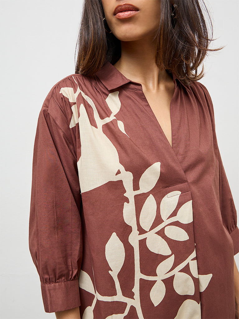 Utsa Dark Brown Foliage Printed Cotton A-Line Kurta