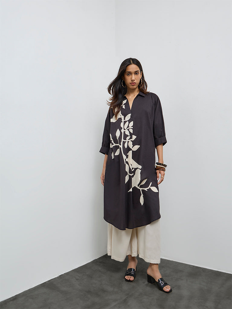 Utsa Black Foliage Printed Cotton A-Line Kurta