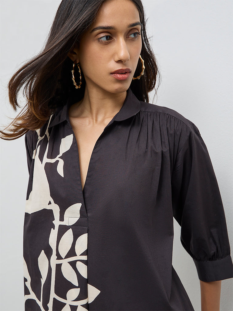 Utsa Black Foliage Printed Cotton A-Line Kurta