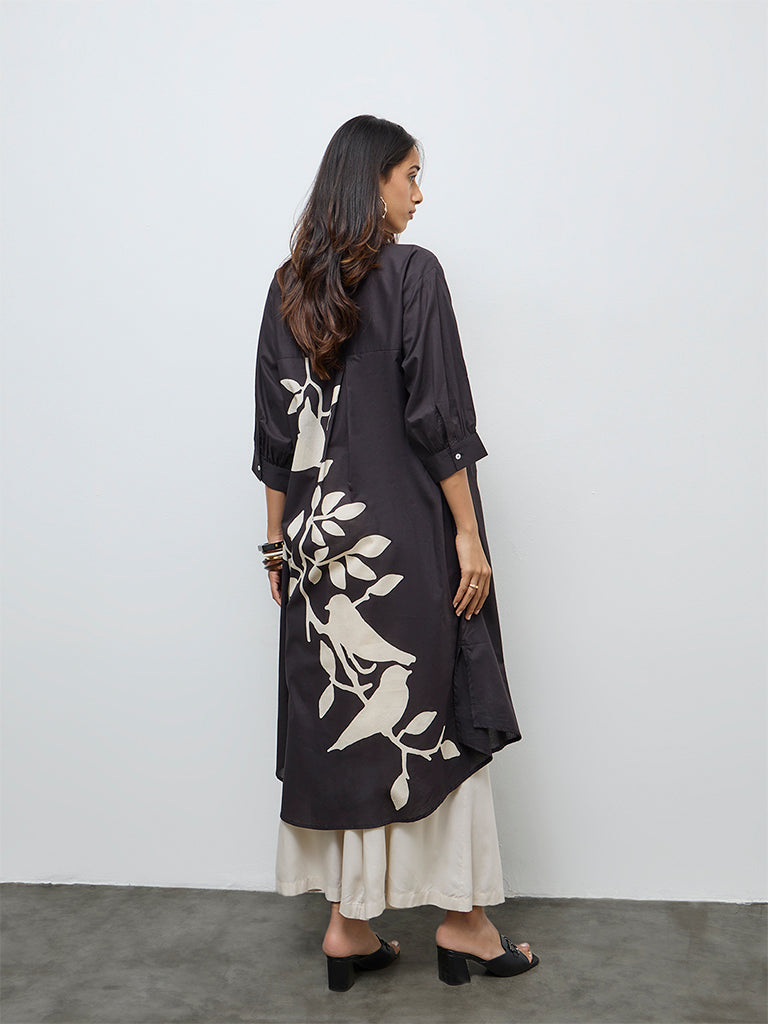 Utsa Black Foliage Printed Cotton A-Line Kurta