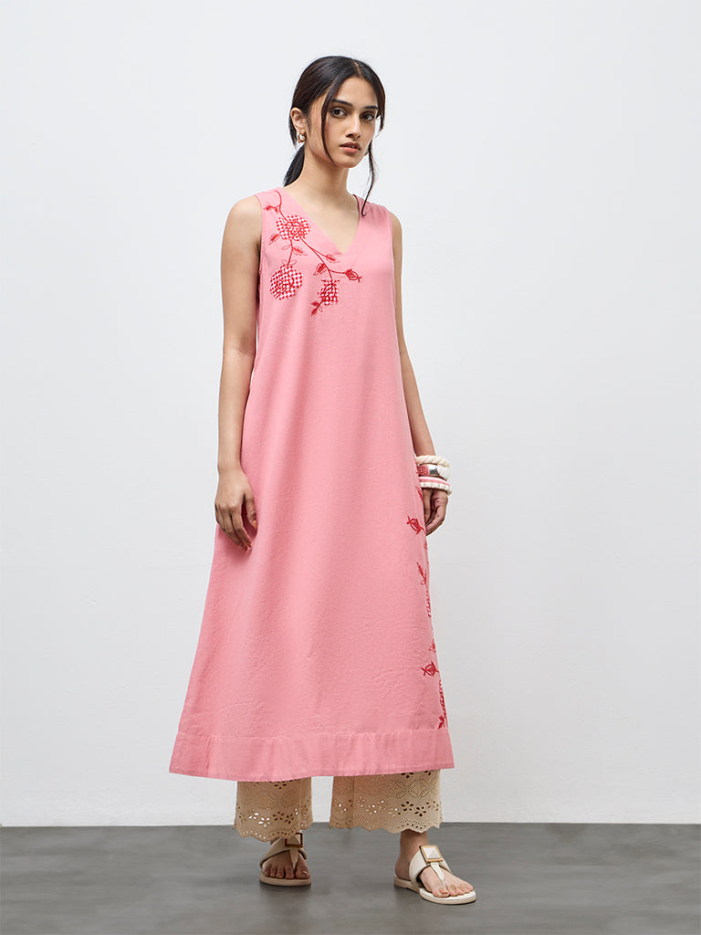 Utsa Pink Floral Embroidered A-Line Cotton Kurta
