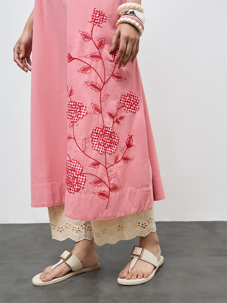 Utsa Pink Floral Embroidered A-Line Cotton Kurta