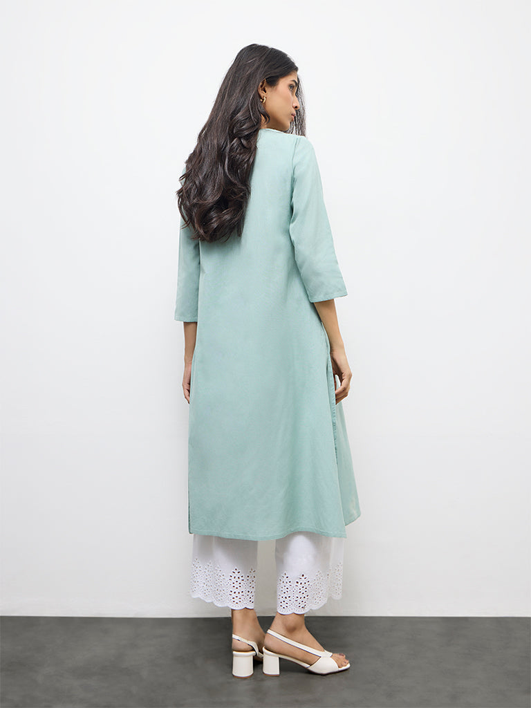 Utsa Aqua Floral Embroidered Cotton-Blend A-Line Kurta