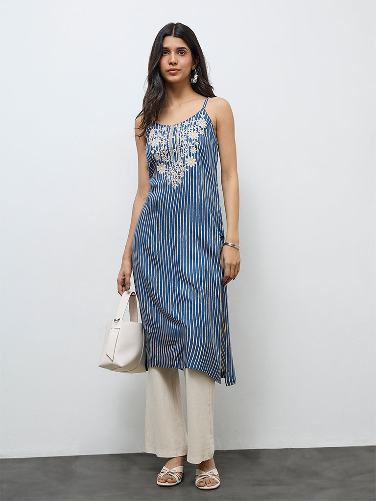 Utsa Indigo Striped A-Line Kurta