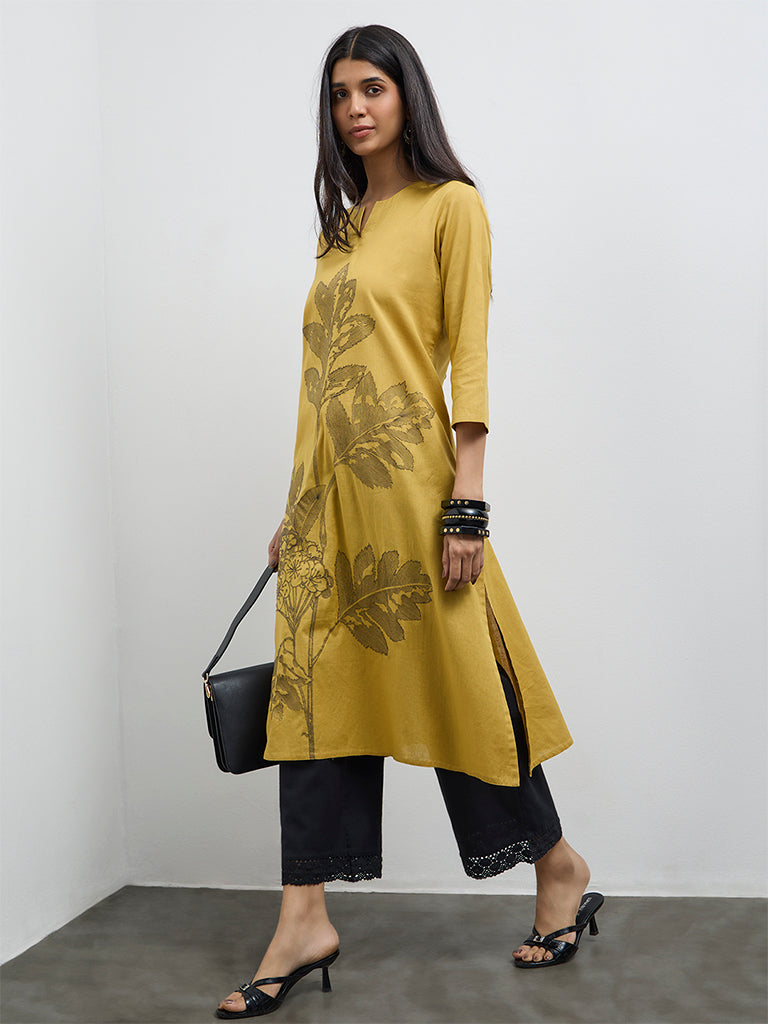 Utsa Mustard Floral Embroidered Cotton-Blend A-Line Kurta