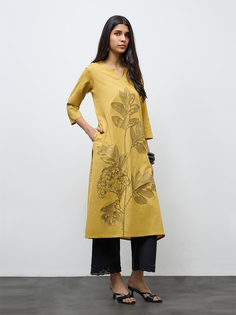 Utsa Mustard Floral Embroidered Cotton-Blend A-Line Kurta
