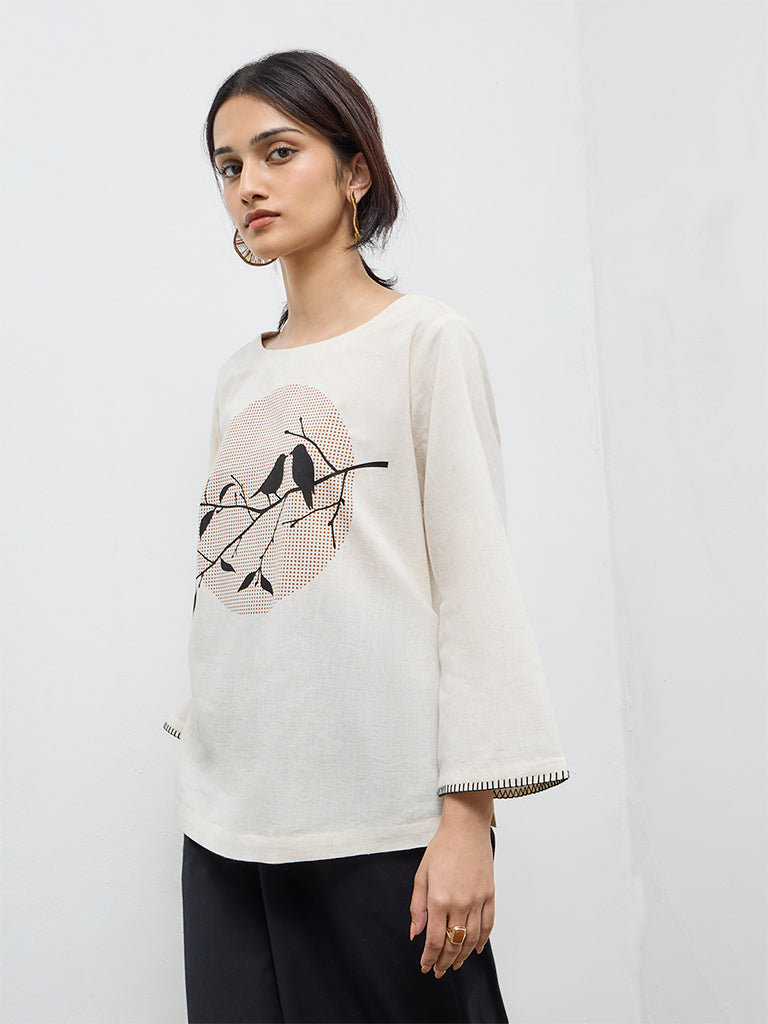 Utsa Off-White Bird Design Cotton-Blend Top