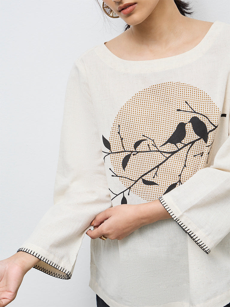 Utsa Off-White Bird Design Cotton-Blend Top