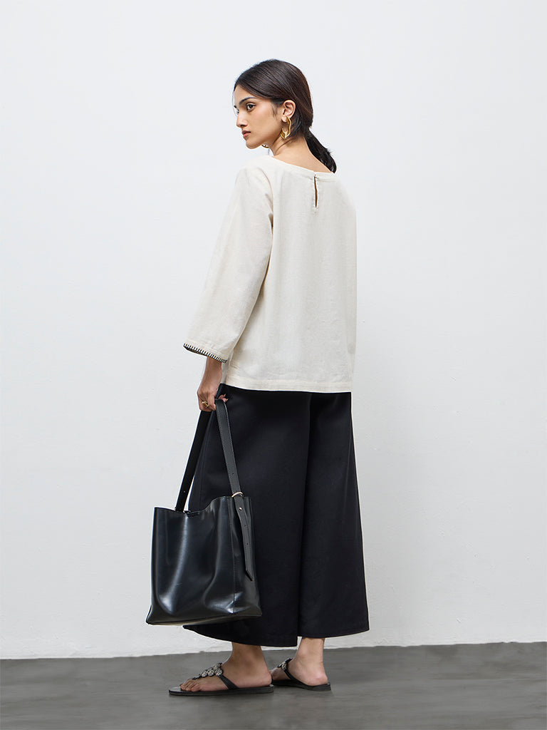 Utsa Off-White Bird Design Cotton-Blend Top