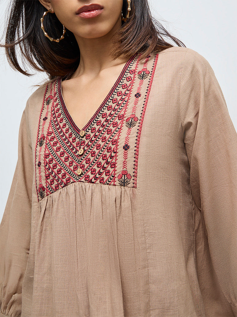 Utsa Beige Floral Embroidered Cotton Tunic