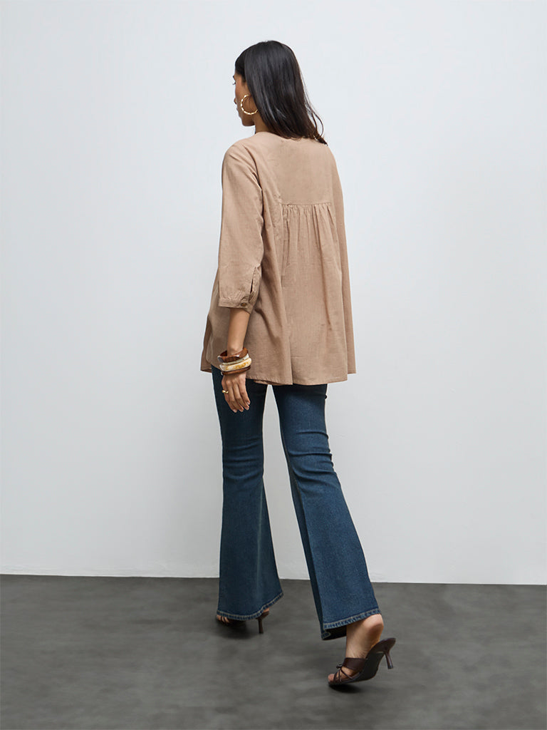 Utsa Beige Floral Embroidered Cotton Tunic