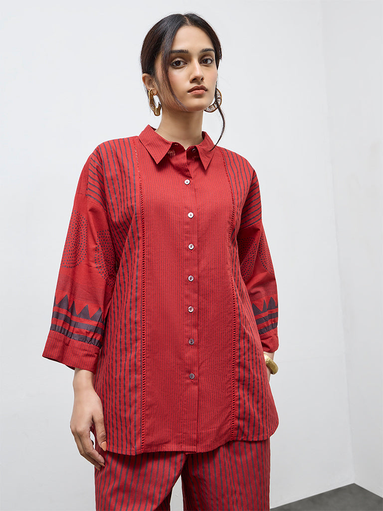 Utsa Red Striped Cotton Tunic