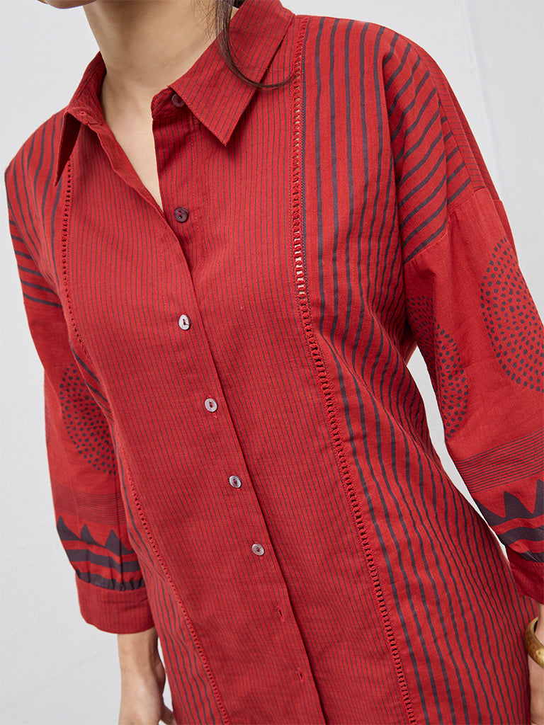 Utsa Red Striped Cotton Tunic