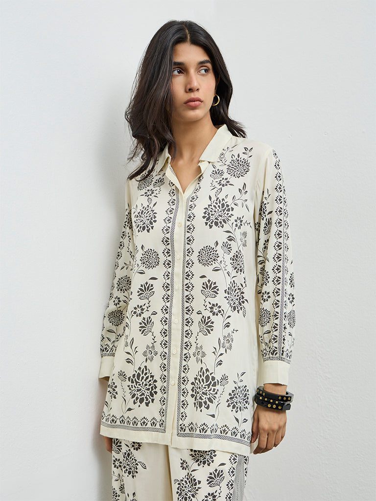 Utsa Off-White Foliage Printed Tunic