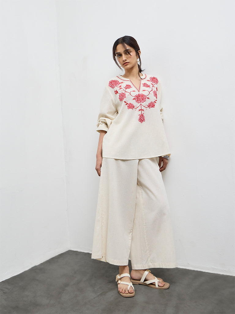 Utsa Off-White Floral Embroidered Cotton-Blend Tunic
