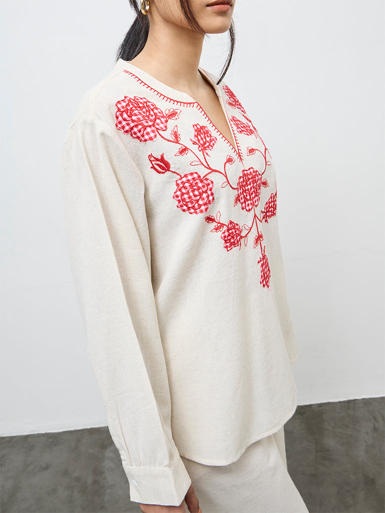 Utsa Off-White Floral Embroidered Cotton-Blend Tunic