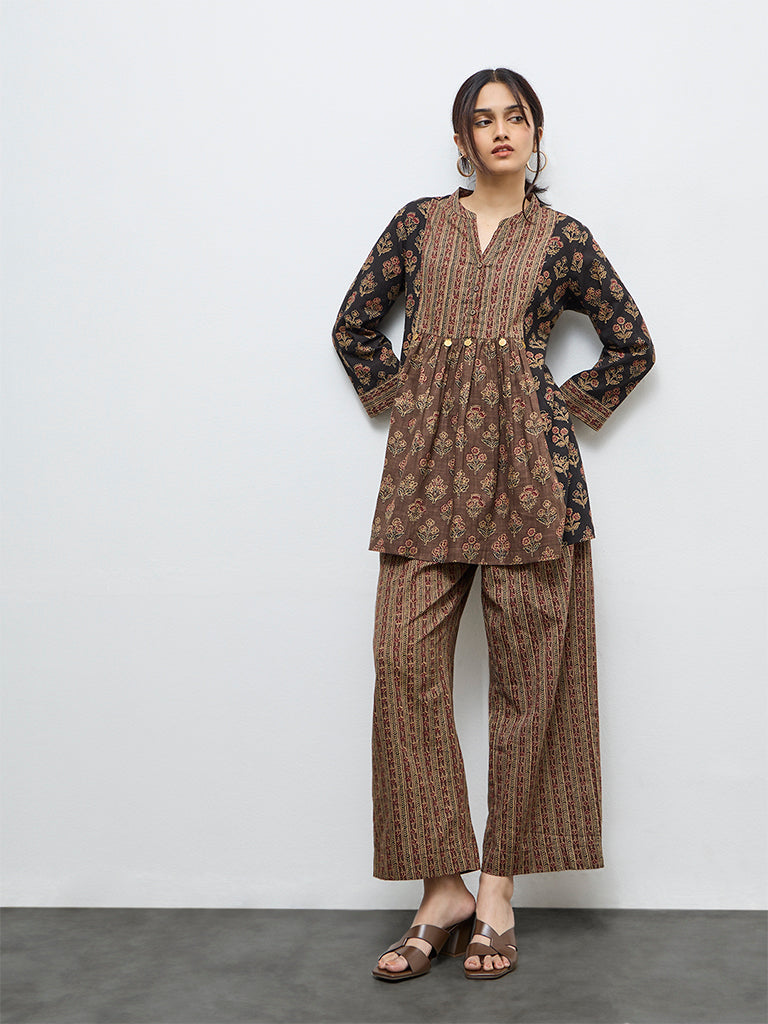 Utsa Black Botanical Pattern Cotton Tunic