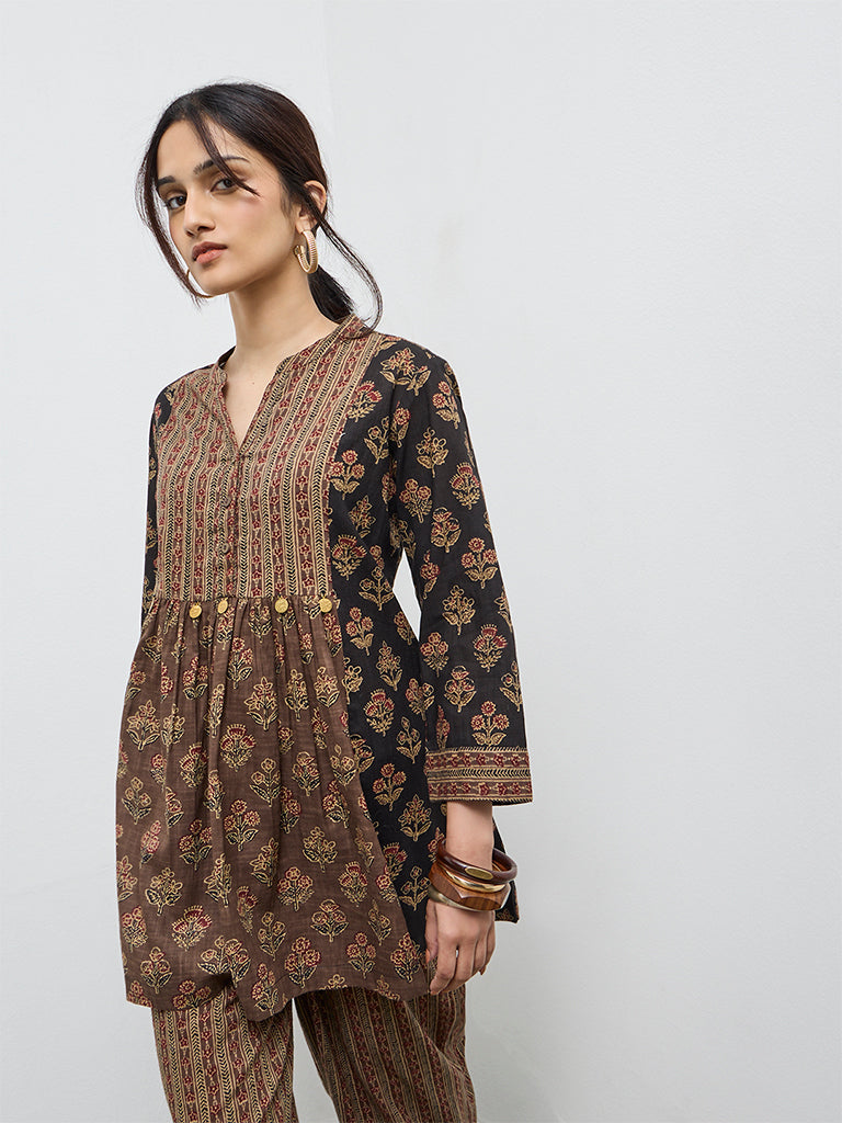 Utsa Black Botanical Pattern Cotton Tunic