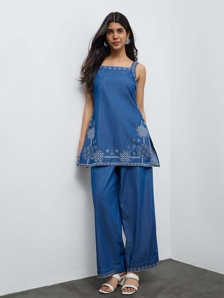 Utsa Indigo Embroidered Cotton A-Line Kurta
