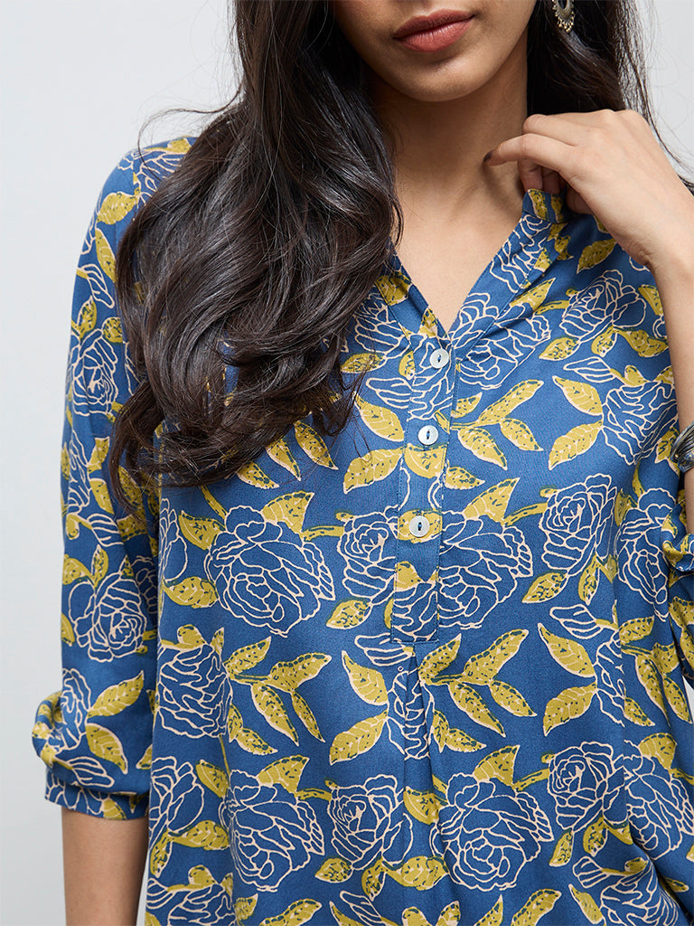 Utsa Blue Floral Pattern Tunic