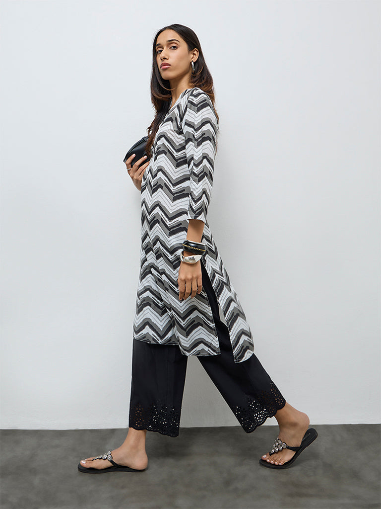 Utsa Black Chevron Cotton Straight Kurta