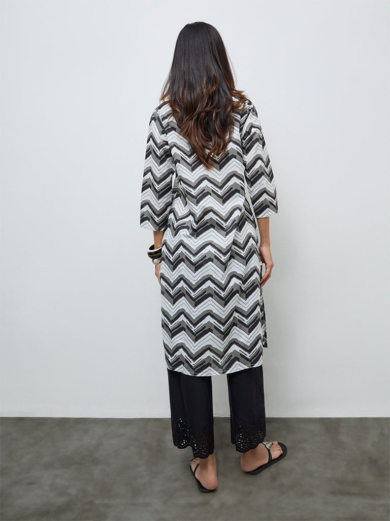 Utsa Black Chevron Cotton Straight Kurta