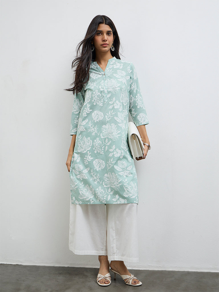 Utsa Sage Floral Printed Cotton Straight Kurta