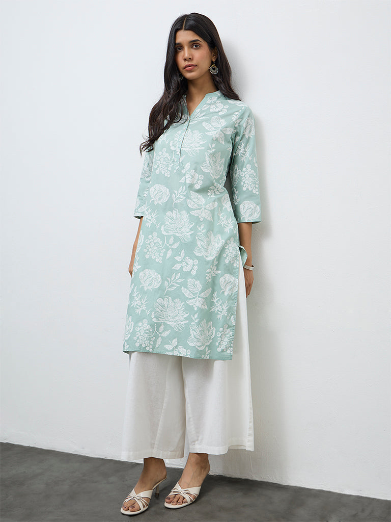 Utsa Sage Floral Printed Cotton Straight Kurta