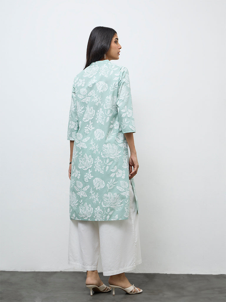 Utsa Sage Floral Printed Cotton Straight Kurta