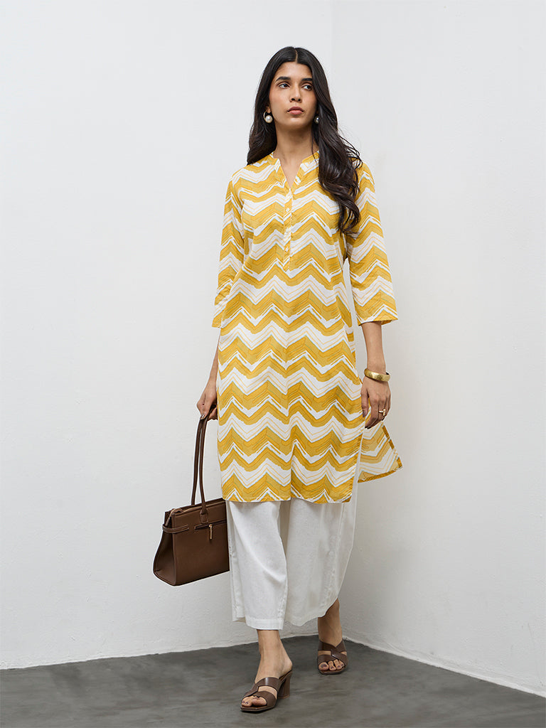 Utsa Yellow Chevron Printed Cotton Straight Kurta