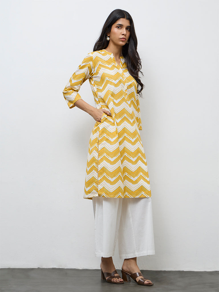 Utsa Yellow Chevron Printed Cotton Straight Kurta